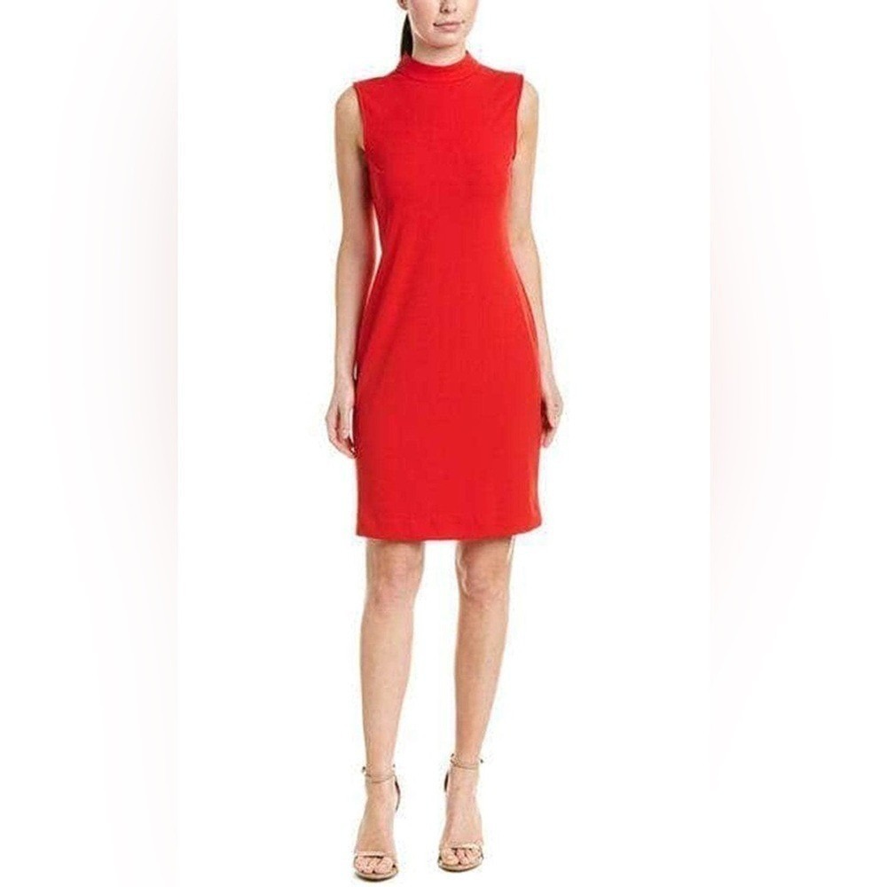 Sharagano Red High Neck Sleeveless Shift Dress with Back Zipper